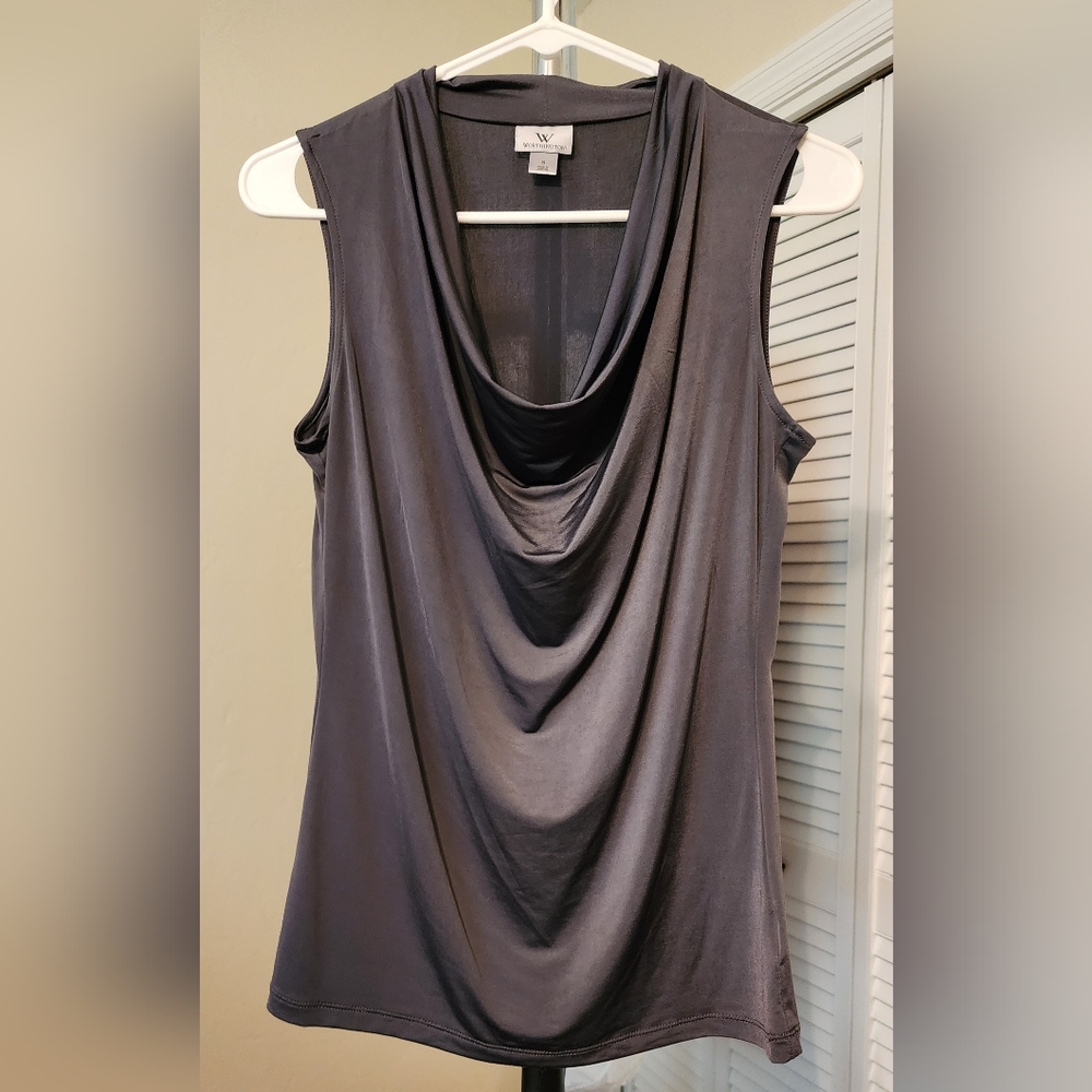 Worthington Sleeveless Drape Neckline Top Gray Size S